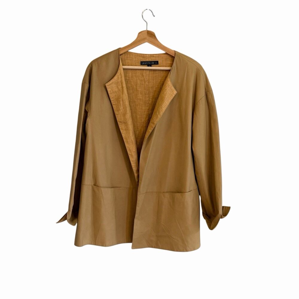 Lafayette 148 Tan Open Front Leather Jacket Size 8 Minimalist Quiet Luxury